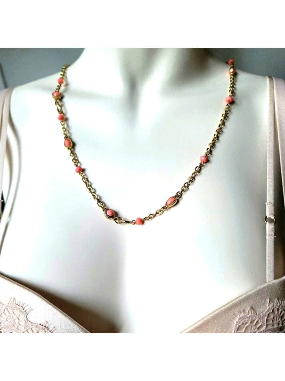 Fashion Pink Coral and Gold Color Necklace 35"